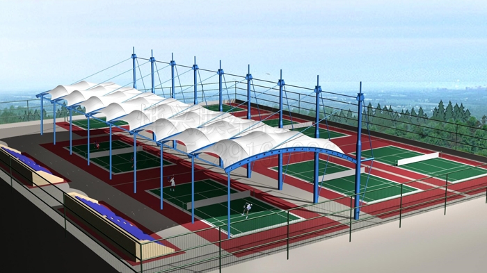 【户外羽毛球运动场设计】公园膜结构羽毛球场遮阳棚定制